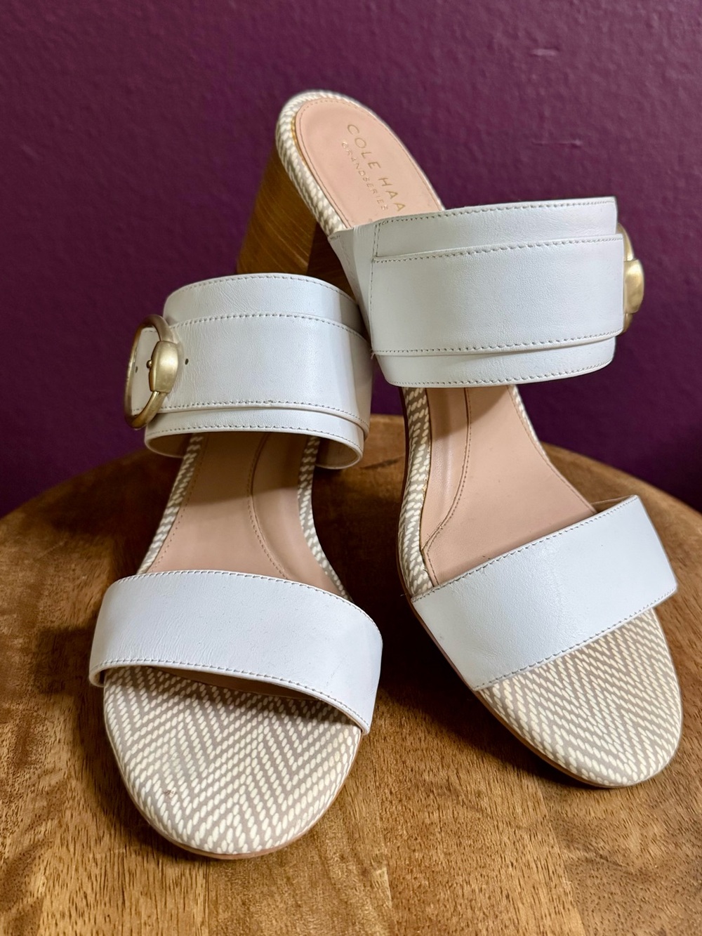 Cole Haan GroundZero Cream Leather Two-Band Block Heel Mules with Gold Buckle